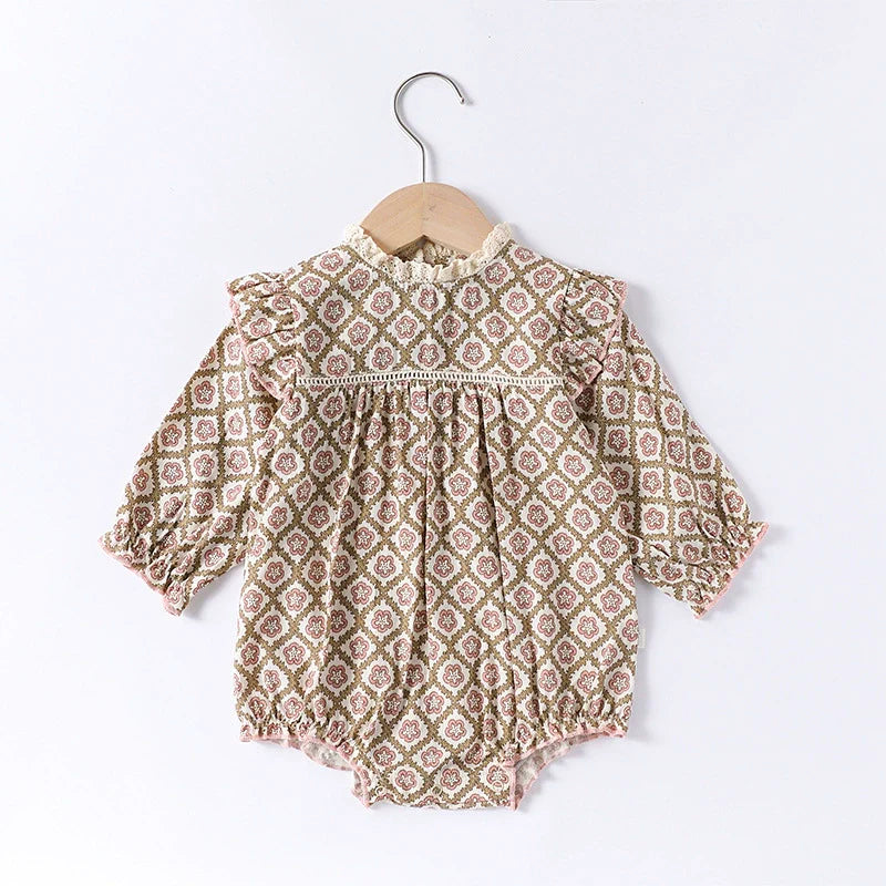 Autumn Arrival Baby Girls Long Sleeves Vintage Geometric and Flowers Pattern Rompers/Onesies-1