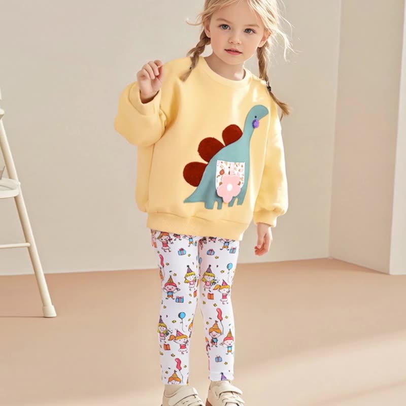 Winter and Autumn Girls Dinosaurs Cartoon Pattern Long Sleeves Sweatshirt and White Pants Clothing Set-0
