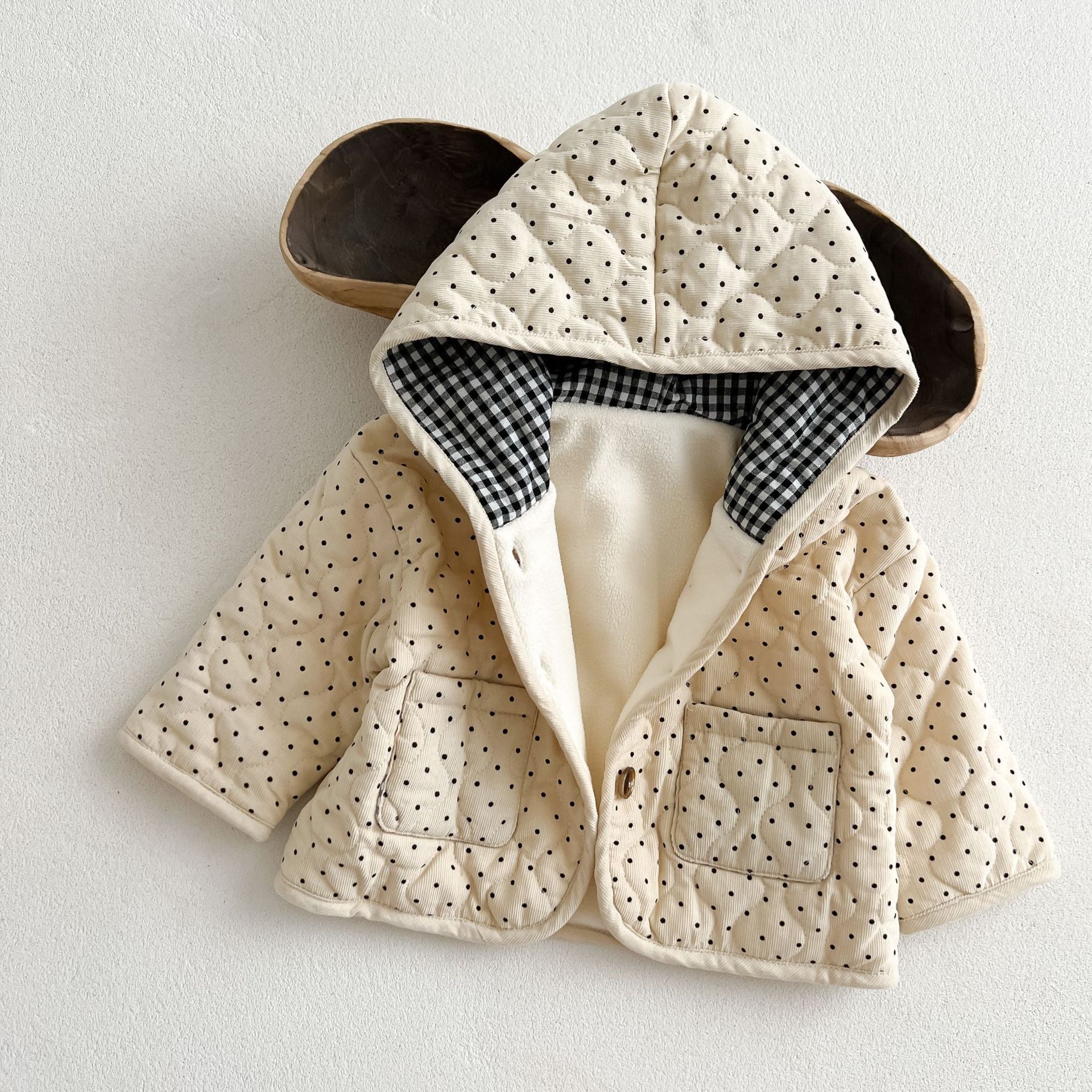 Arrival Baby Kids Unisex Dots Pattern Single Breasted Hooded Thick Corduroy Coat-3