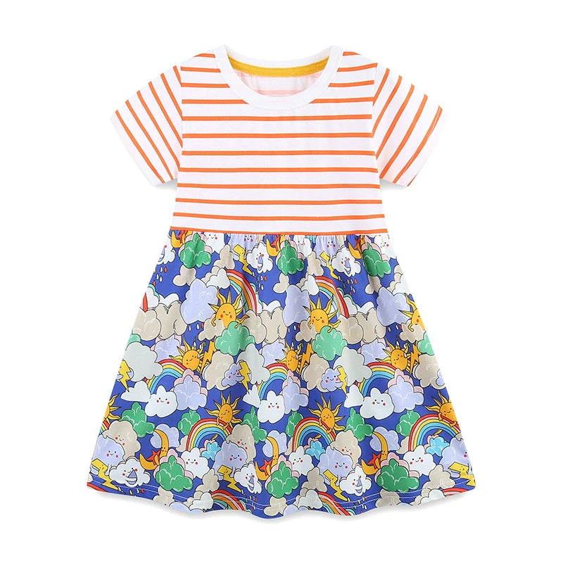 Summer Arrival Striped and Cartoon Clouds Pattern Short Sleeves Color Patchwork Dress for Stylish Girls-0