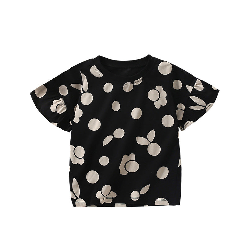 Summer Arrival Girls’ Flowers and Fruits Geometric Pattern Short Sleeves T-shirt in European and American Style-0