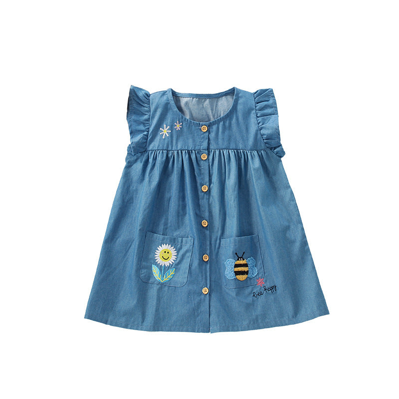 Summer Arrival Cartoon Animals and Flower Embroidered Pattern Fly Sleevels Single Breasted Dress for Stylish Girls-0