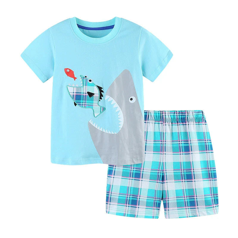 Summer Baby Kids Cartoon Marine Animals Pattern T-shirt and Plaid Shorts Casual Clothing Set for Boys-0