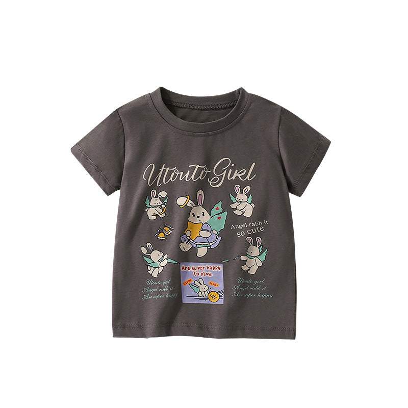 Summer Arrival Girls’ Rabbits Cartoon and Letters Pattern Short Sleeves T-shirt in European and American Style-0