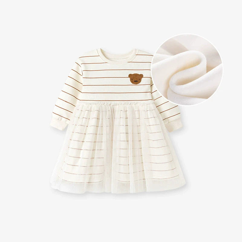 Autumn and Winter Warm Arrival Teddy Cartoon and Striped Pattern Long Sleeves Crew Neck Dress for Stylish Girls-0