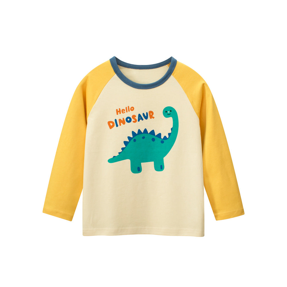 Autumn Baby Kids Unisex Letters and Dinosaur Print Color Patchwork Long Sleeves Crew Neck Base Top Shirt-0