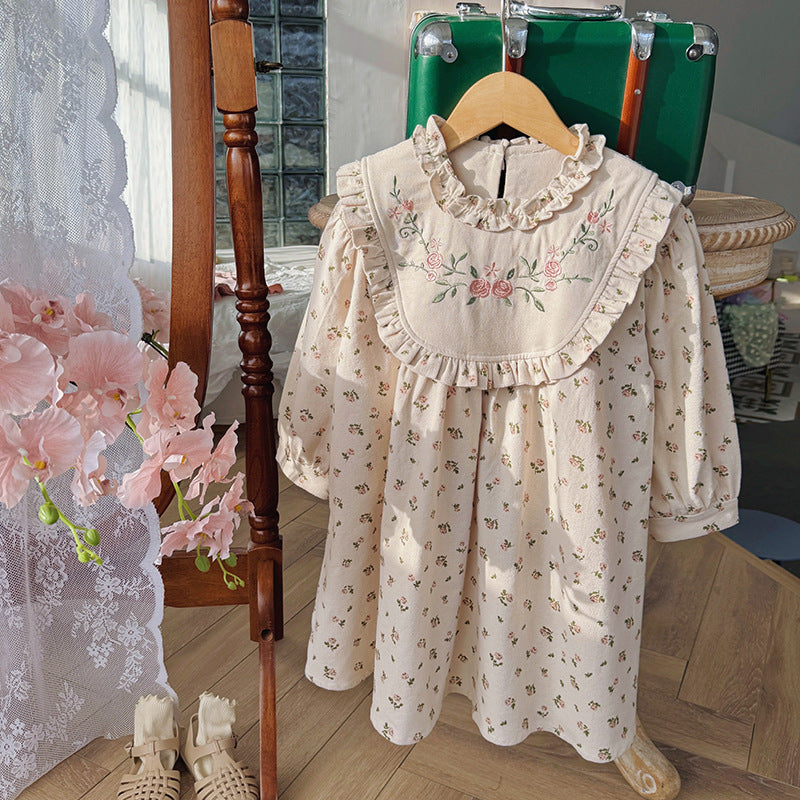 Arrival Autumn Girls Flowers Embroidery and Printed Pattern Long Sleeves Dress-0