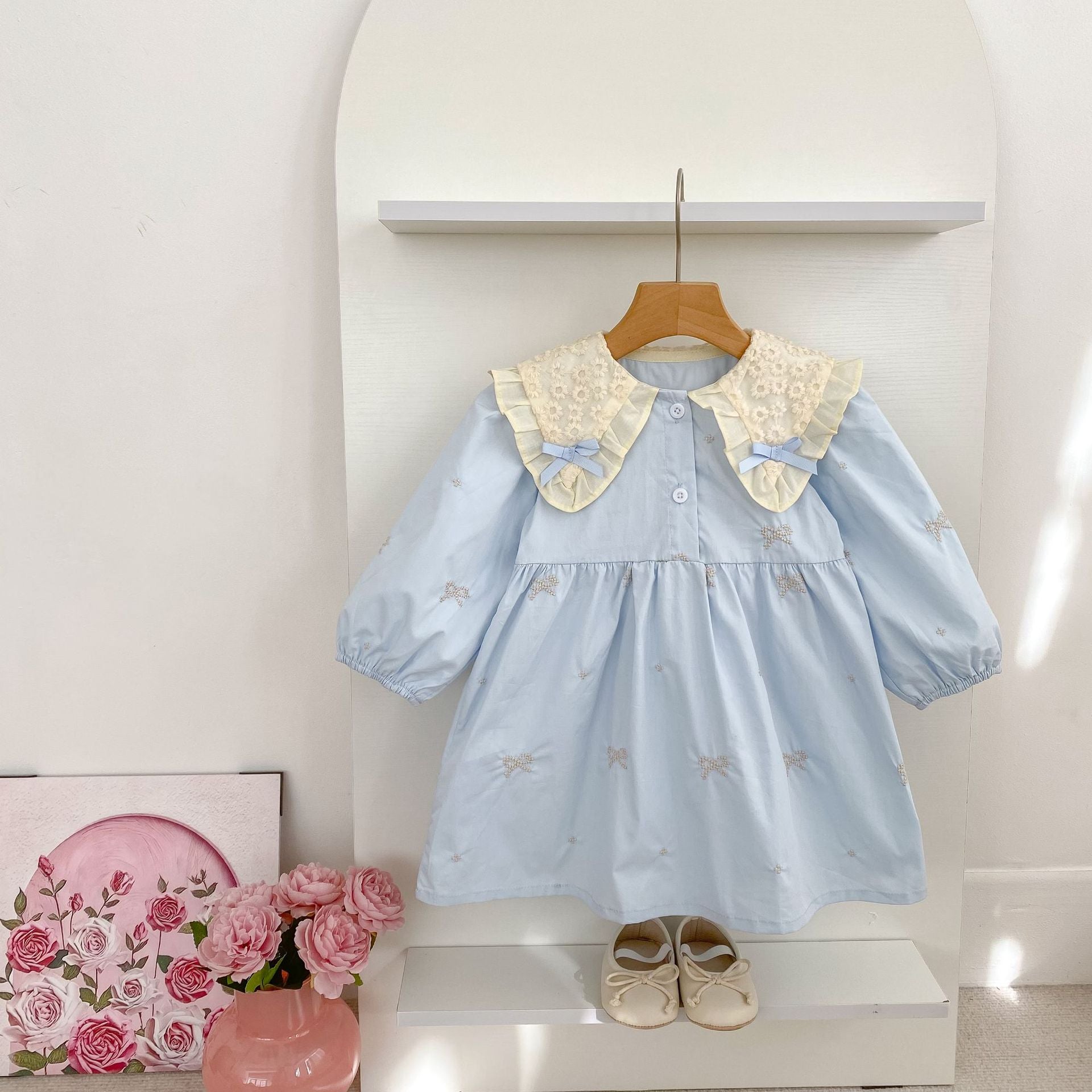 Arrival Spring Baby Kids Girls Long Sleeves Bows Embroidery Pattern Floral Collar Onesies and Dress – Princess Sister Matching Set-8