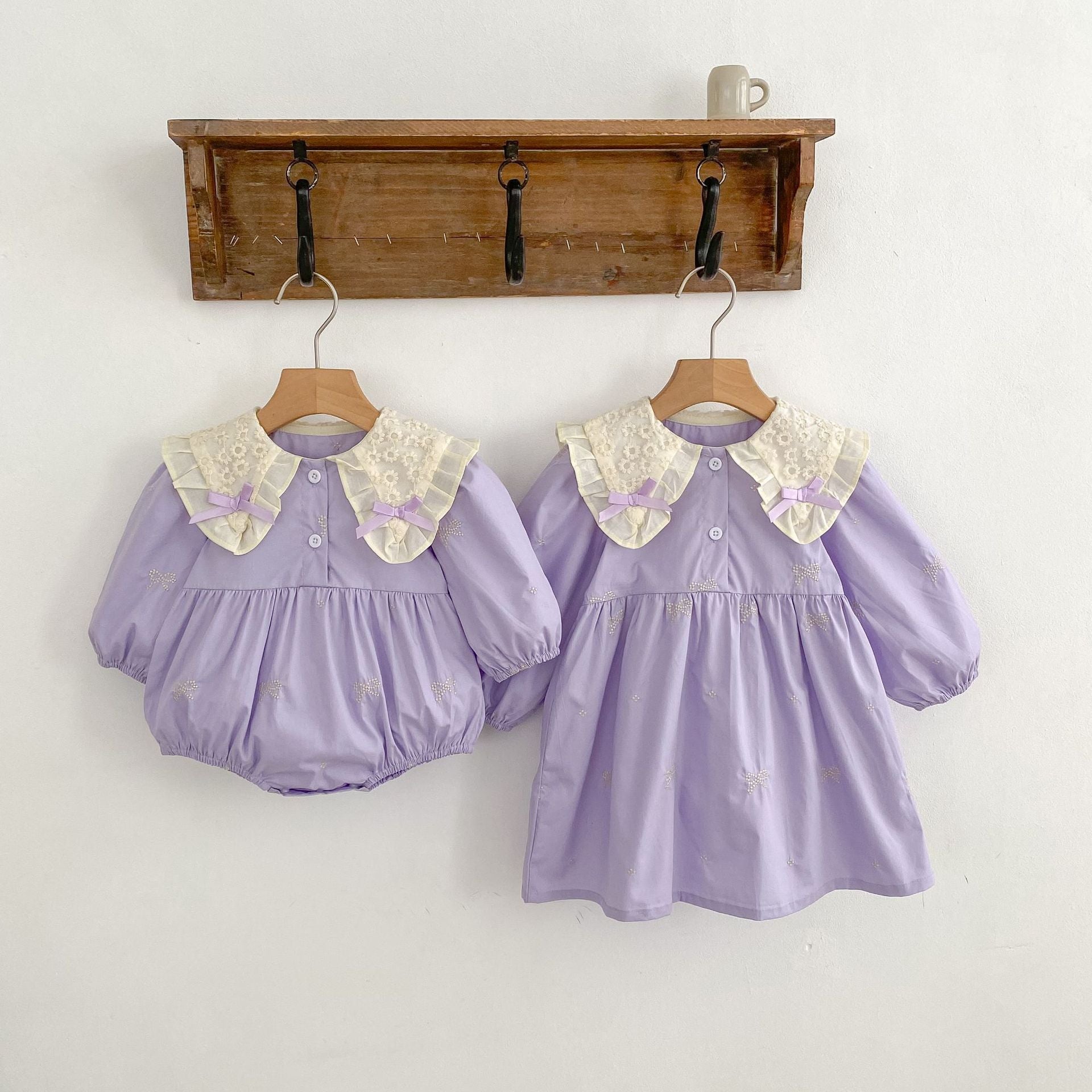 Arrival Spring Baby Kids Girls Long Sleeves Bows Embroidery Pattern Floral Collar Onesies and Dress – Princess Sister Matching Set-0
