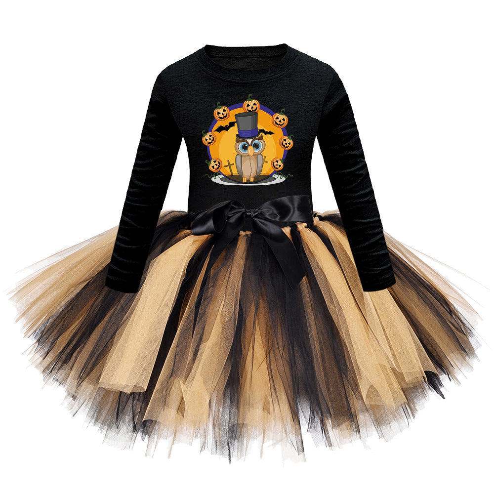 Arrival Girls’ Halloween Costume: Long Sleeves Cartoon Print Witches Cosplay Party Tulle Patchwork Dress-1