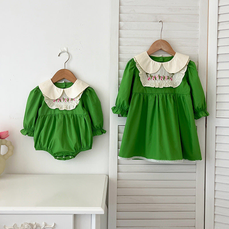 Arrival Autumn Baby Kids Girls Long Sleeves Peter Pan Collar Embroidery Flowers Pattern Onesies and Dress – Princess Sister Matching Set-1