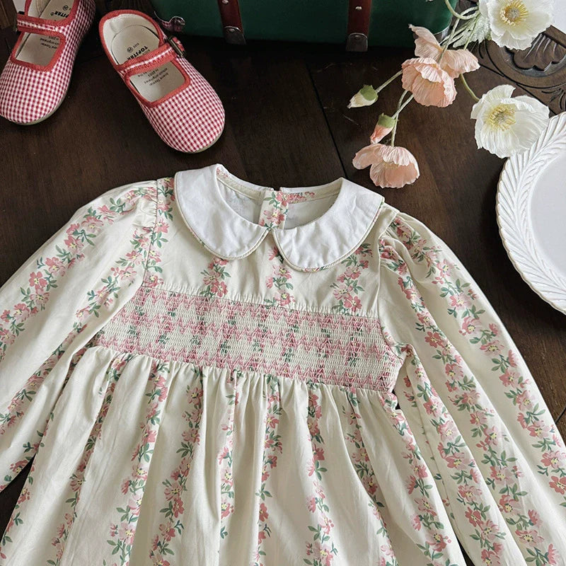 Arrival Autumn Girls Floral and Striped Pattern Long Sleeves Dress-1
