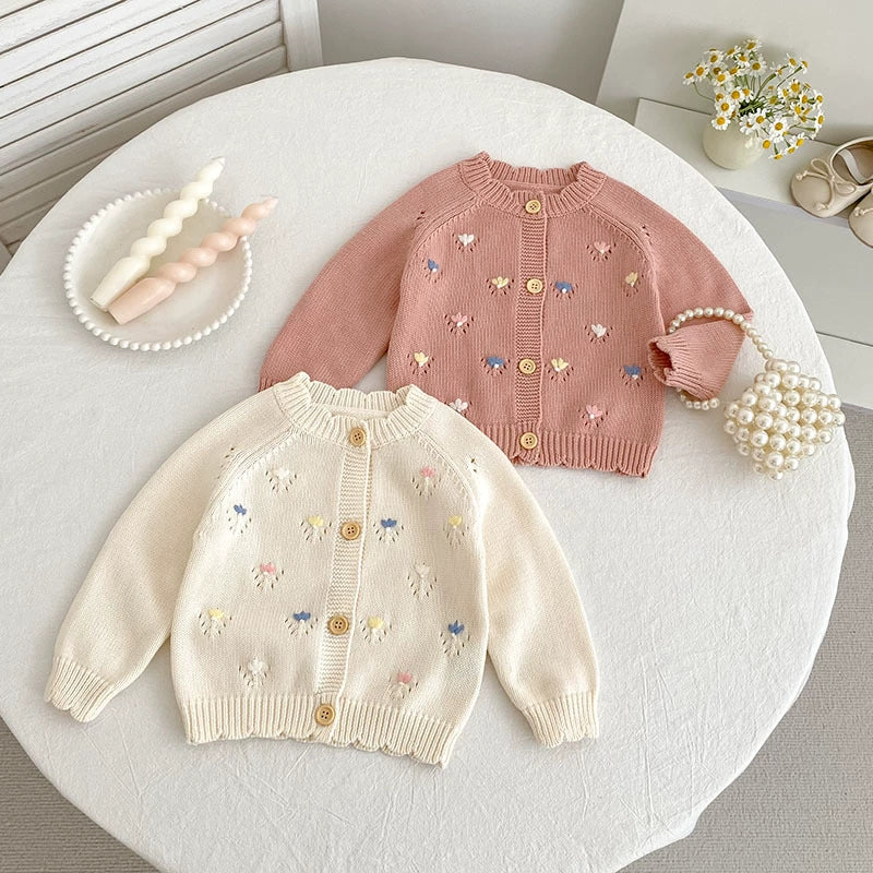 Autumn Arrival Baby Girls Comfortable Flowers Embroidery Pattern Knitted Long Sleeves Cardigan-1