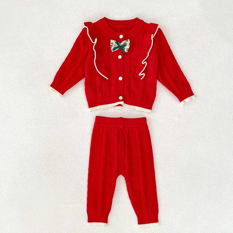 Arrival Autumn Baby Girls Long Sleeves Color Patchwork Jacquard Pattern Knitted Top Cardigan and Long Trousers Clothing Set-3