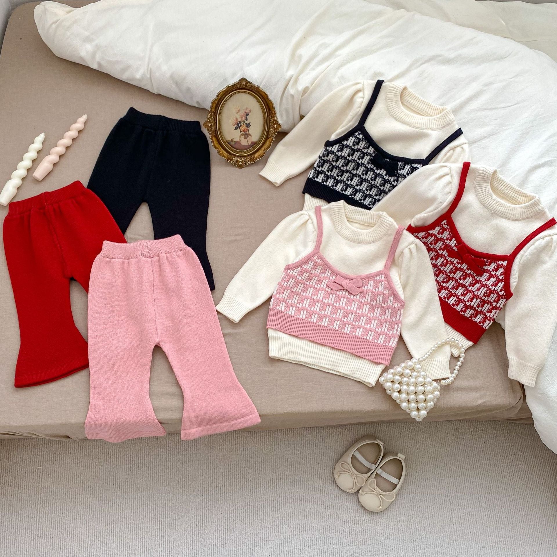 Arrival Autumn Baby Girls Long Sleeves Simple Color Patchwork Knitted Sweater and Solid Color Long Trousers – Clothing Set-4