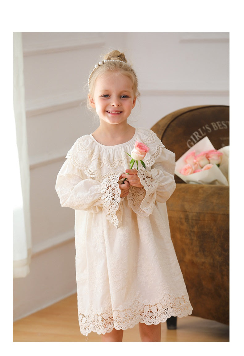 Arrival Lace Trim Design Autumn Girls Long Puff Sleeves Dress-0