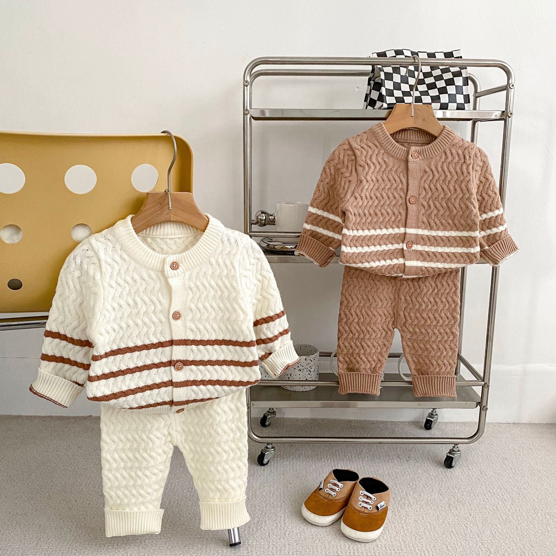 Arrival Autumn Baby Kids Unisex Long Sleeves Striped Knitted Cardigan and Long Trousers – Clothing Set-0