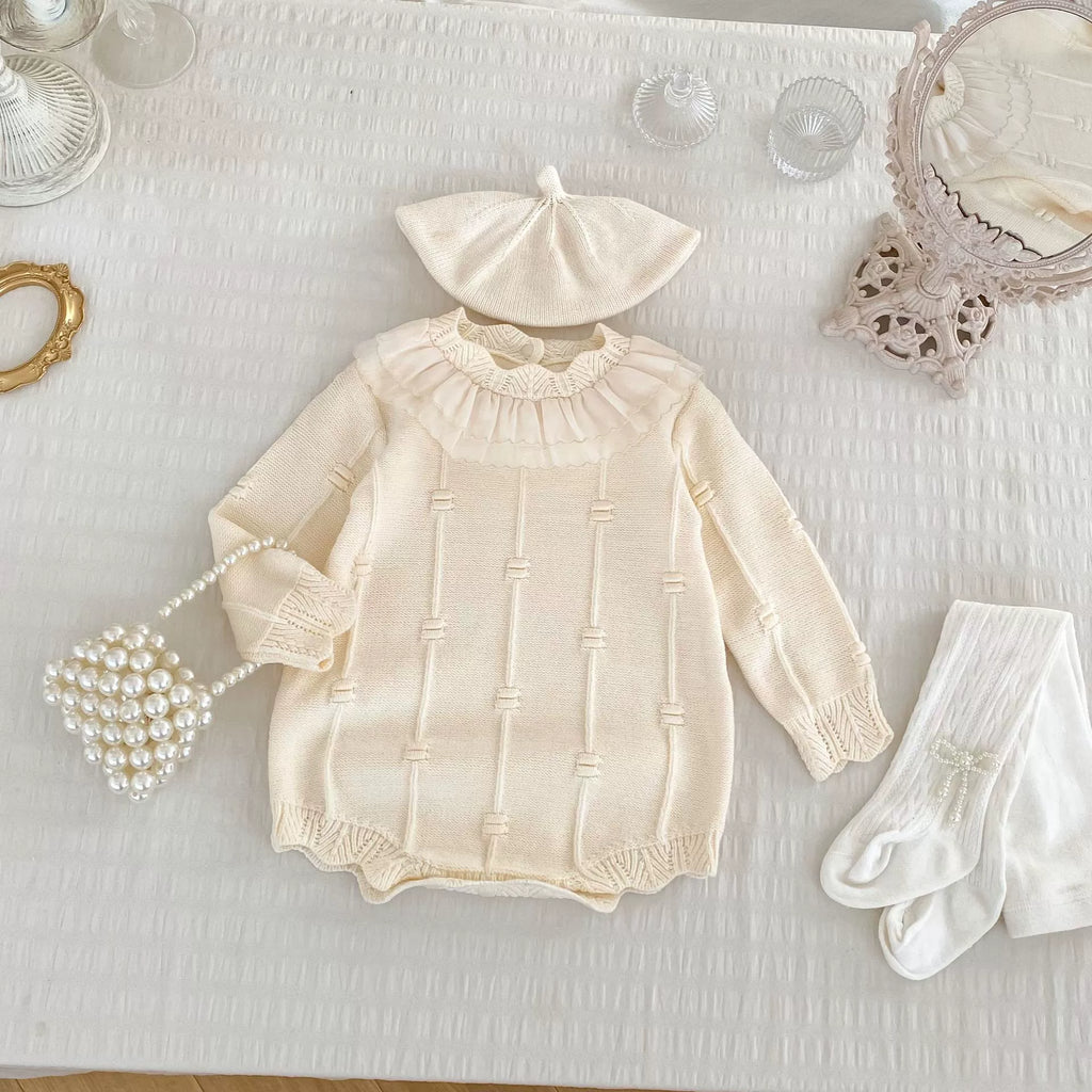 Autumn Arrival Baby Girls Knitted Long Sleeves Striped Jacquard Pattern Onesies-1