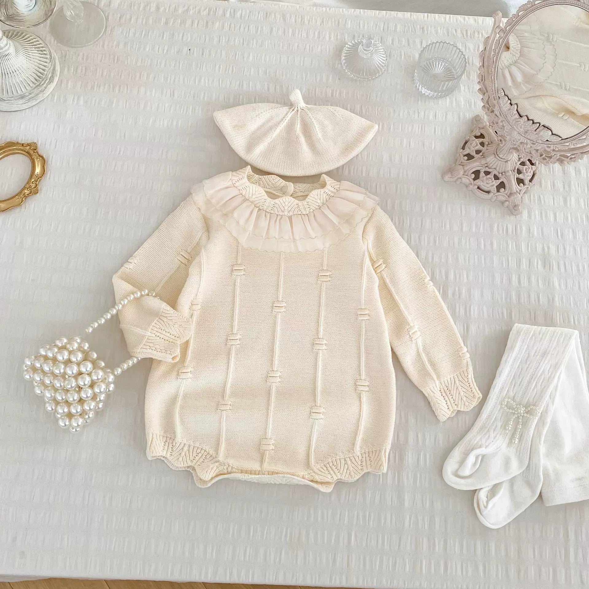 Autumn Arrival Baby Girls Knitted Long Sleeves Striped Jacquard Pattern Onesies-1