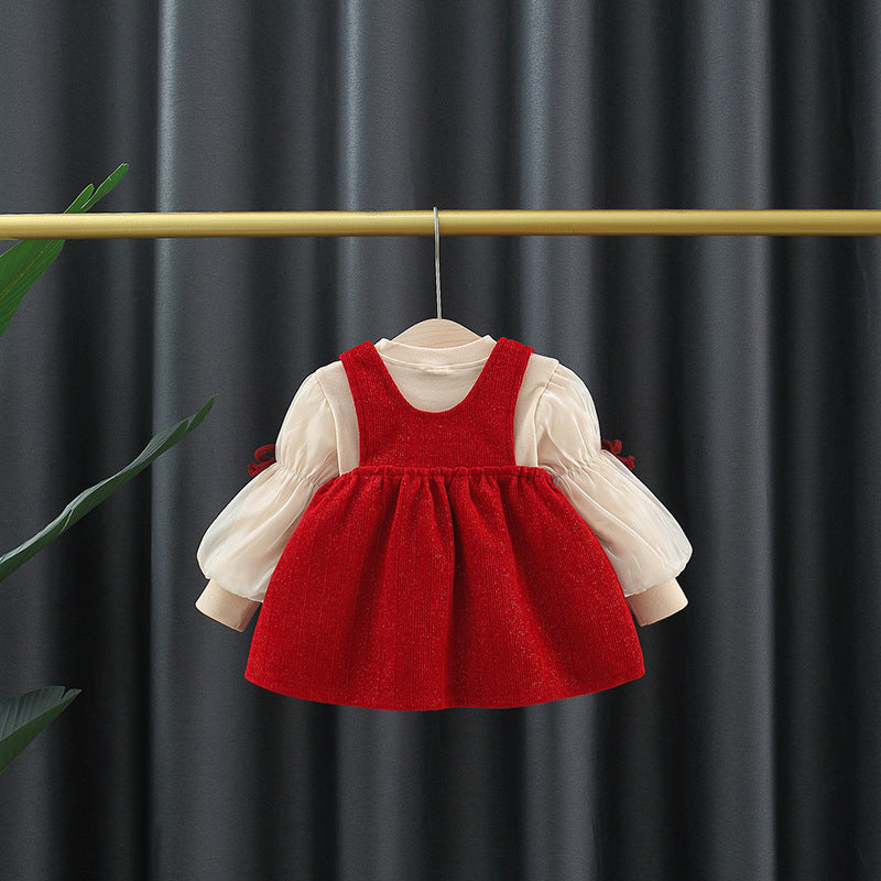 Autumn and Winter Arrival Baby Girls Long Sleeves Crew Neck Top and Overalls Dress-1