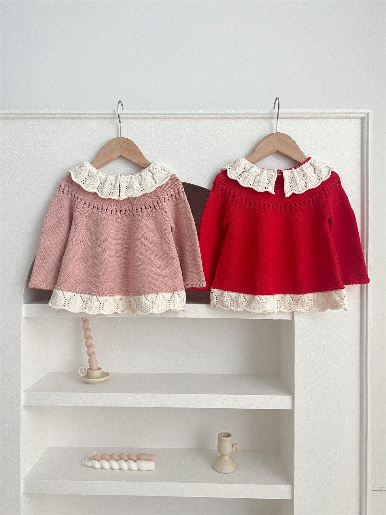 Autumn Arrival Baby Kids Girls Comfortable Hollow-out Design Knitted Long Sleeves Top with Flowers Embroidery Pattern and Collar-1