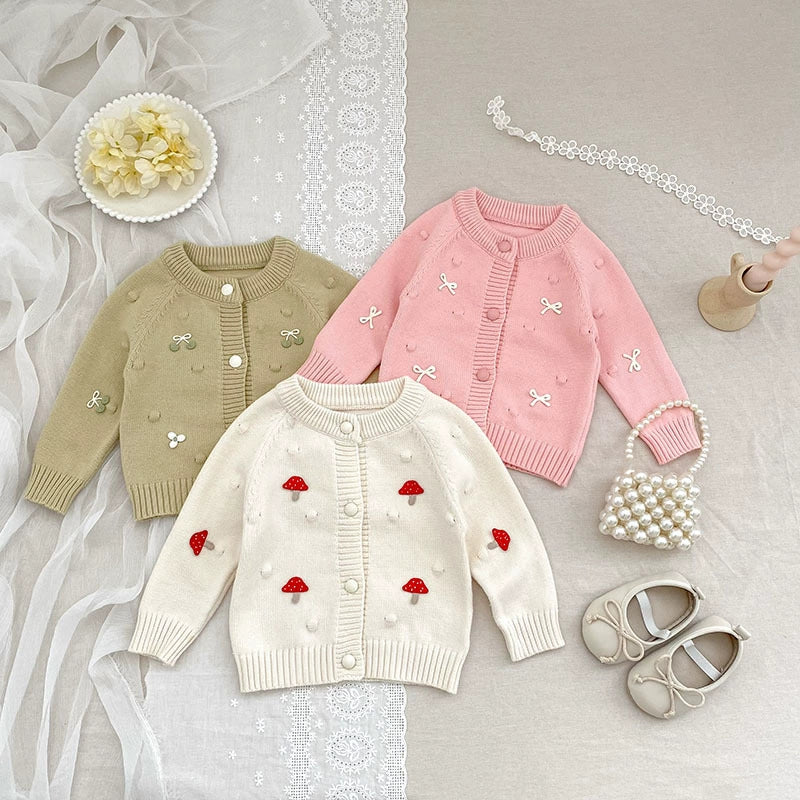 Autumn Arrival Baby Girls Comfortable Mushroom or Butterfly-bows Decorated Knitted Long Sleeves Cardigan-0