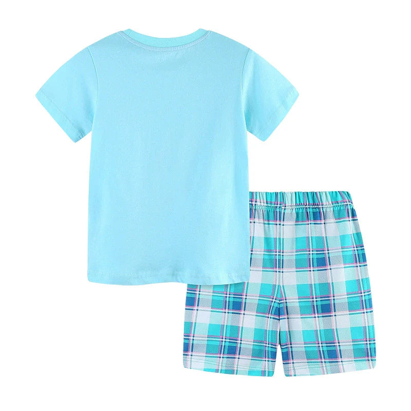 Summer Baby Kids Cartoon Marine Animals Pattern T-shirt and Plaid Shorts Casual Clothing Set for Boys-1