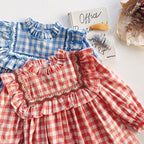 Arrival Autumn Girls Plaid Pattern Long Sleeves Ruffle Neck Dress-4