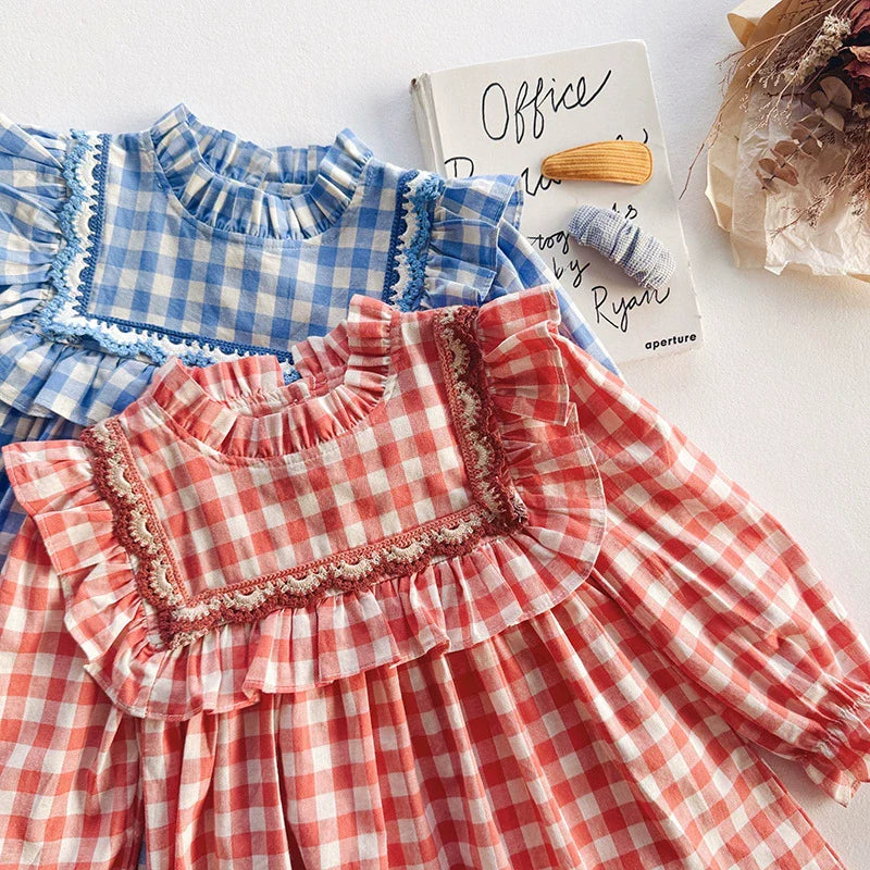 Arrival Autumn Girls Plaid Pattern Long Sleeves Ruffle Neck Dress-4