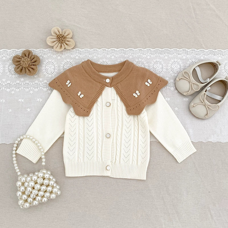Autumn Arrival Baby Girls Comfortable Butterfly-bows Decorated Knitted Jacquard Long Sleeves Cardigan-3