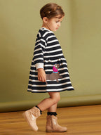 Arrival Autumn Girls Cartoon Dachshund Dog Pattern Crew Neck Long Sleeves Striped Dress-2