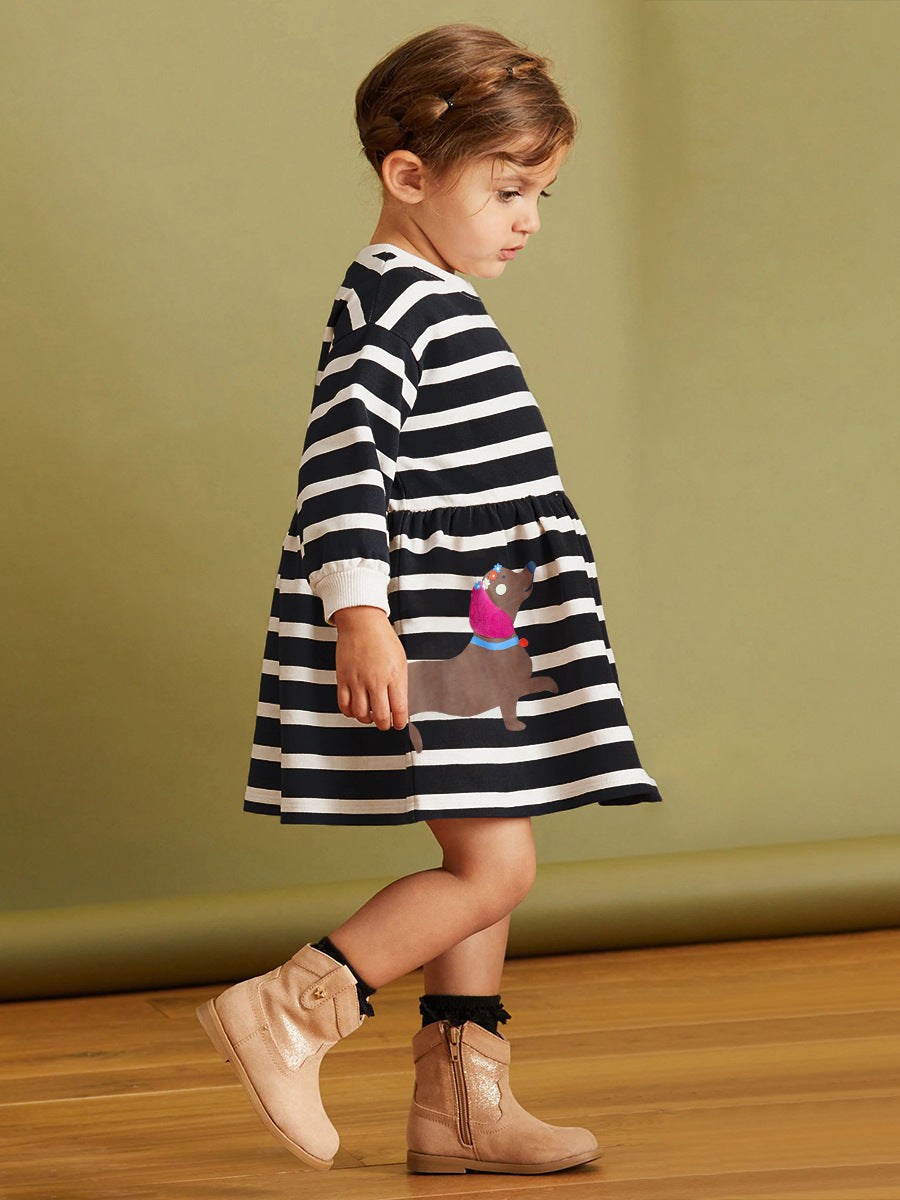 Arrival Autumn Girls Cartoon Dachshund Dog Pattern Crew Neck Long Sleeves Striped Dress-2