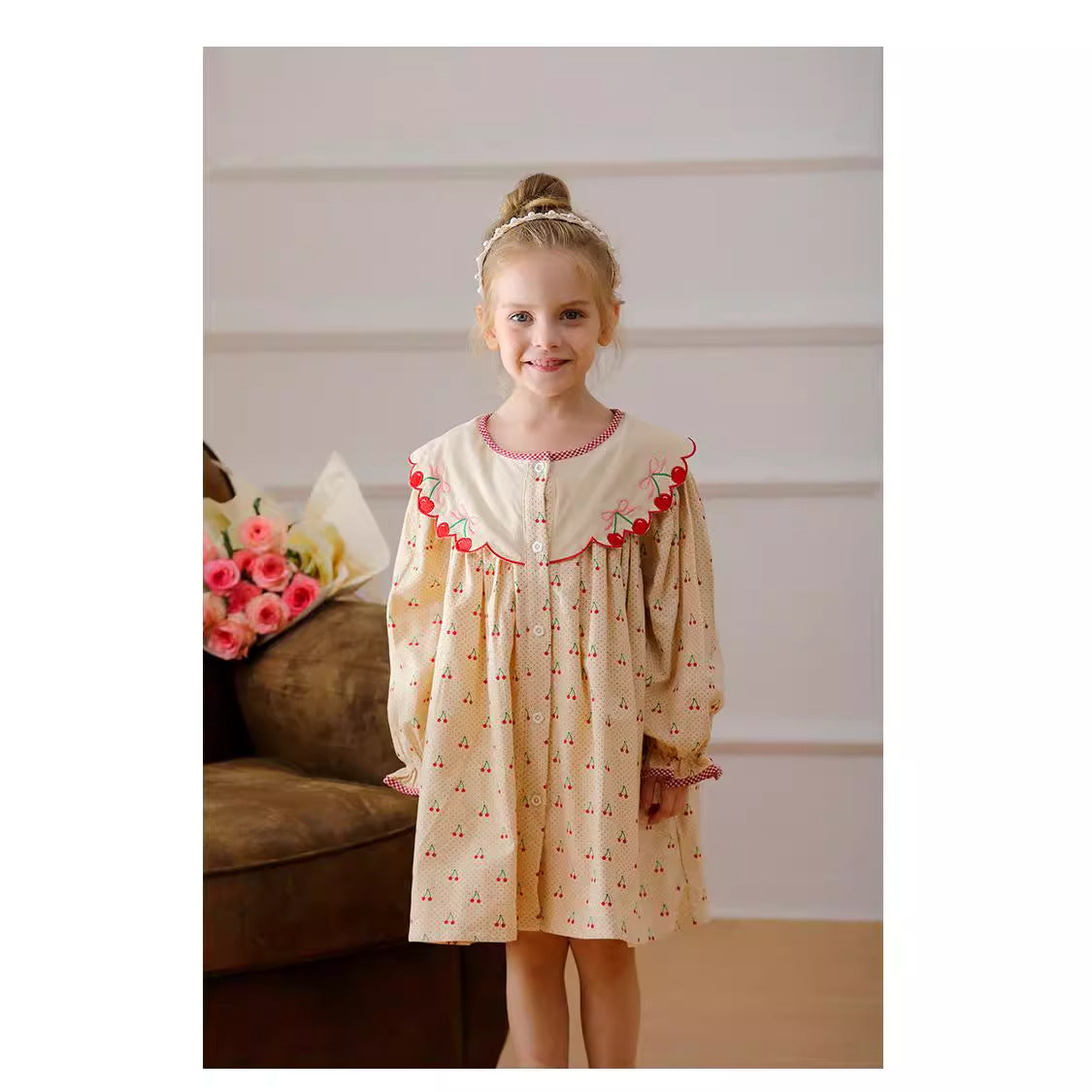 Arrival Autumn Girls Cherry Pattern Single Breasted Long Sleeves Dress with Embroidery Collar-2
