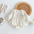 Autumn Arrival Baby Girls Long Sleeves Beige Embroidery Onesies Dress-0