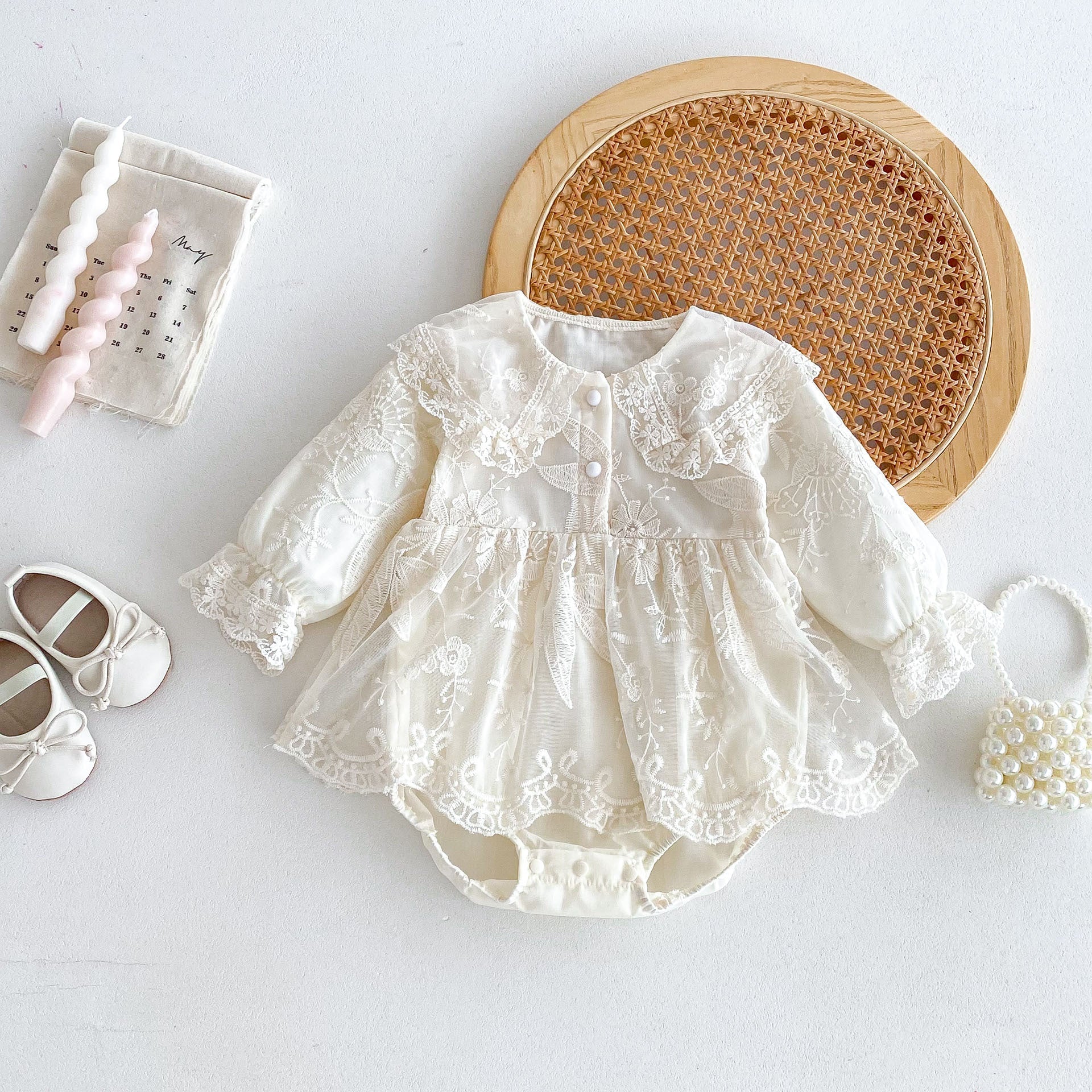Autumn Arrival Baby Girls Long Sleeves Beige Embroidery Onesies Dress-0