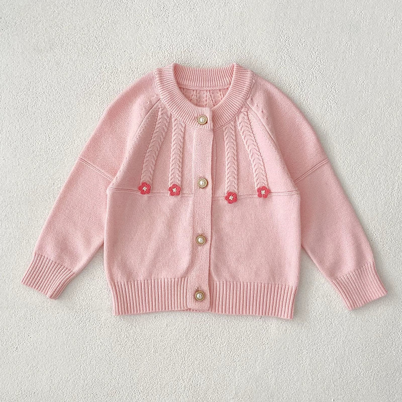 Autumn Arrival Baby Girls Comfortable Flowers Pattern Knitted Long Sleeves Cardigan-2