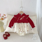 Autumn Arrival Baby Girls Long Sleeves Flowers Embroidered Pattern Color Patchwork Onesies-1