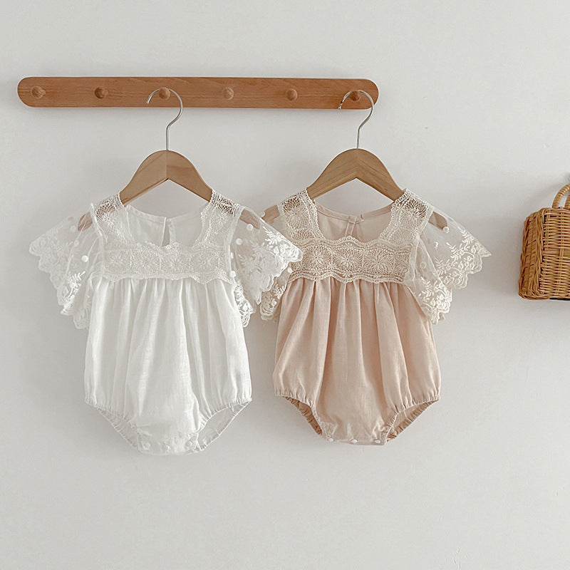 Arrival Summer Baby Kids Girls Embroidery Tulle Patchwork Short Sleeves Onesies-0