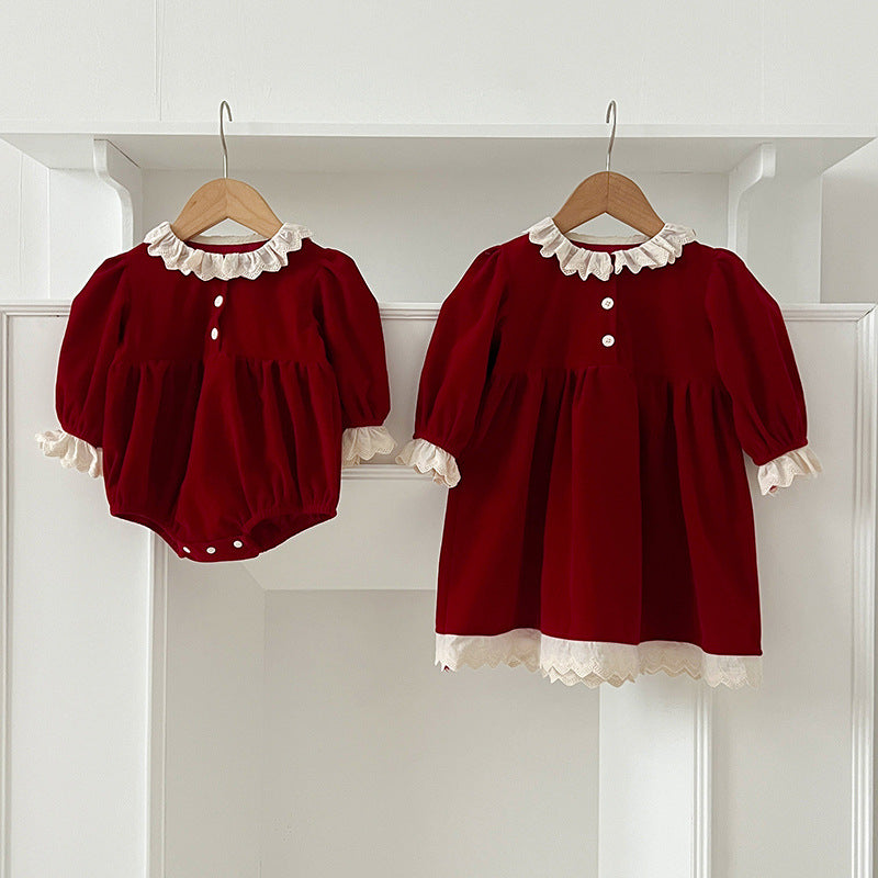Arrival Autumn Baby Kids Girls Patchwork Lace Trim Long Sleeves Onesies and Dress with Cute Collar – Princess Sister Matching Set-0