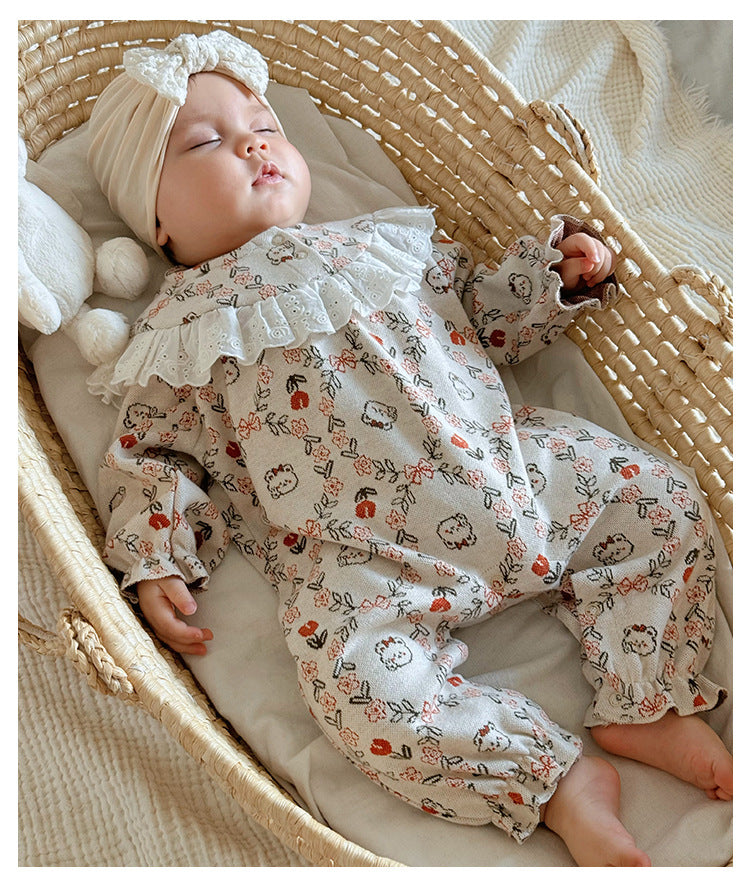 Autumn and Spring Arrival Baby Girls Simple Floral Pattern Long Sleeves Rompers-0