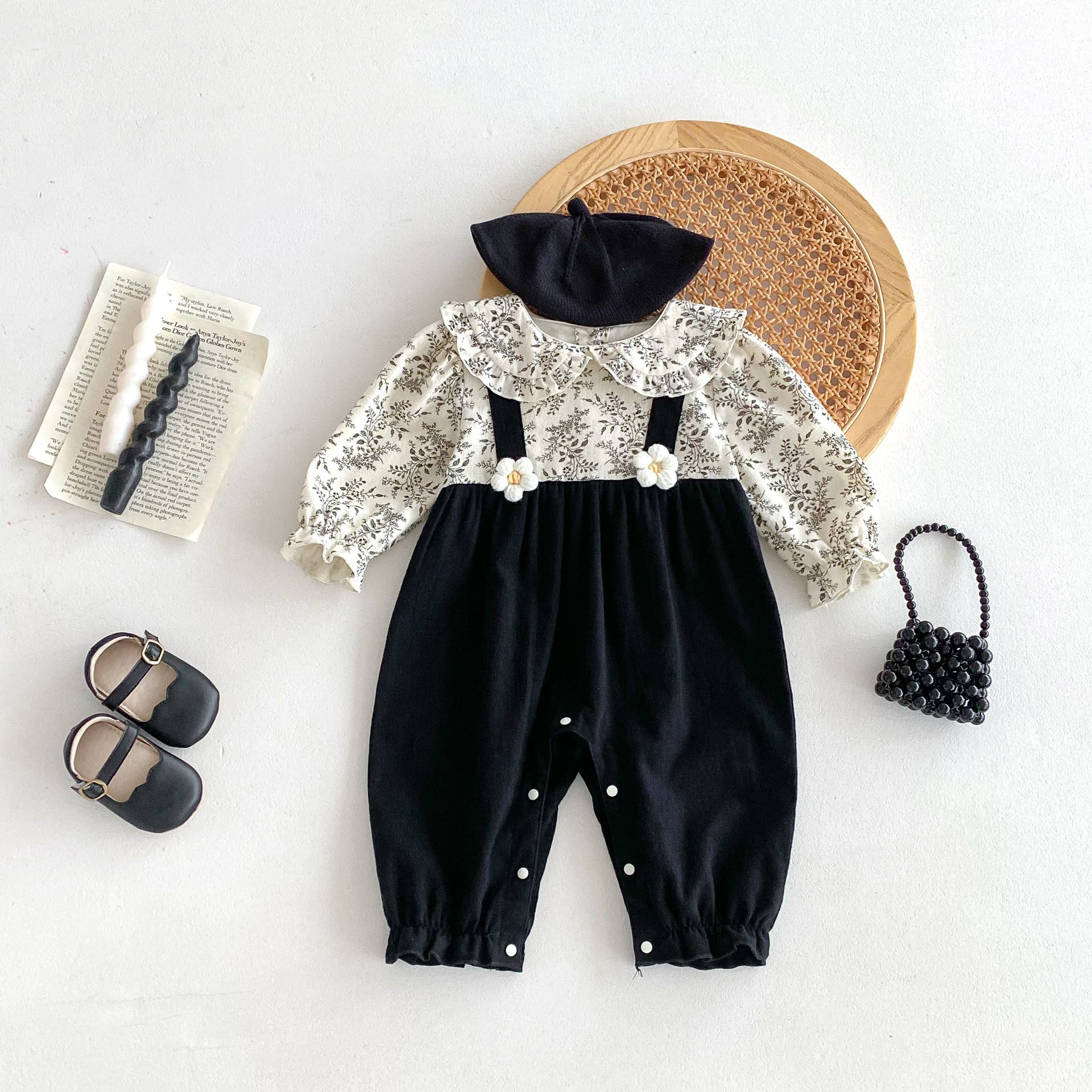 Autumn Arrival Baby Kids Girls Flowers Pattern Long Sleeves Top and Black Overalls Strap Onesies Patchwork Casual Outfits Clothing-1