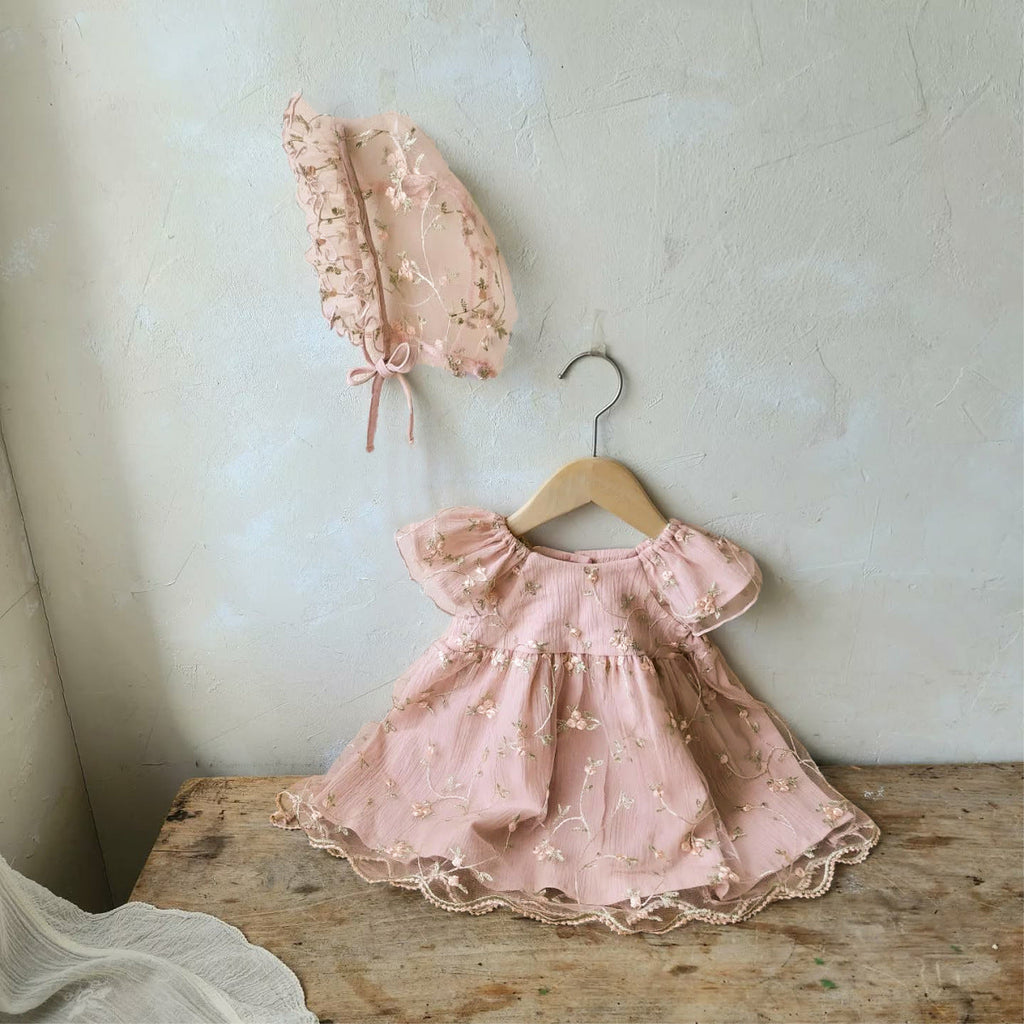 Summer Hot Selling Baby Kids Girls Fly Sleeves Flowers Embroidered Tulle Design Princess Dress with Hat-2