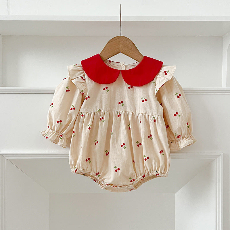 Arrival Autumn Baby Kids Girls Long Sleeves Cherry Pattern Peter Pan Collar Onesies and Dress – Princess Sister Matching Set-1