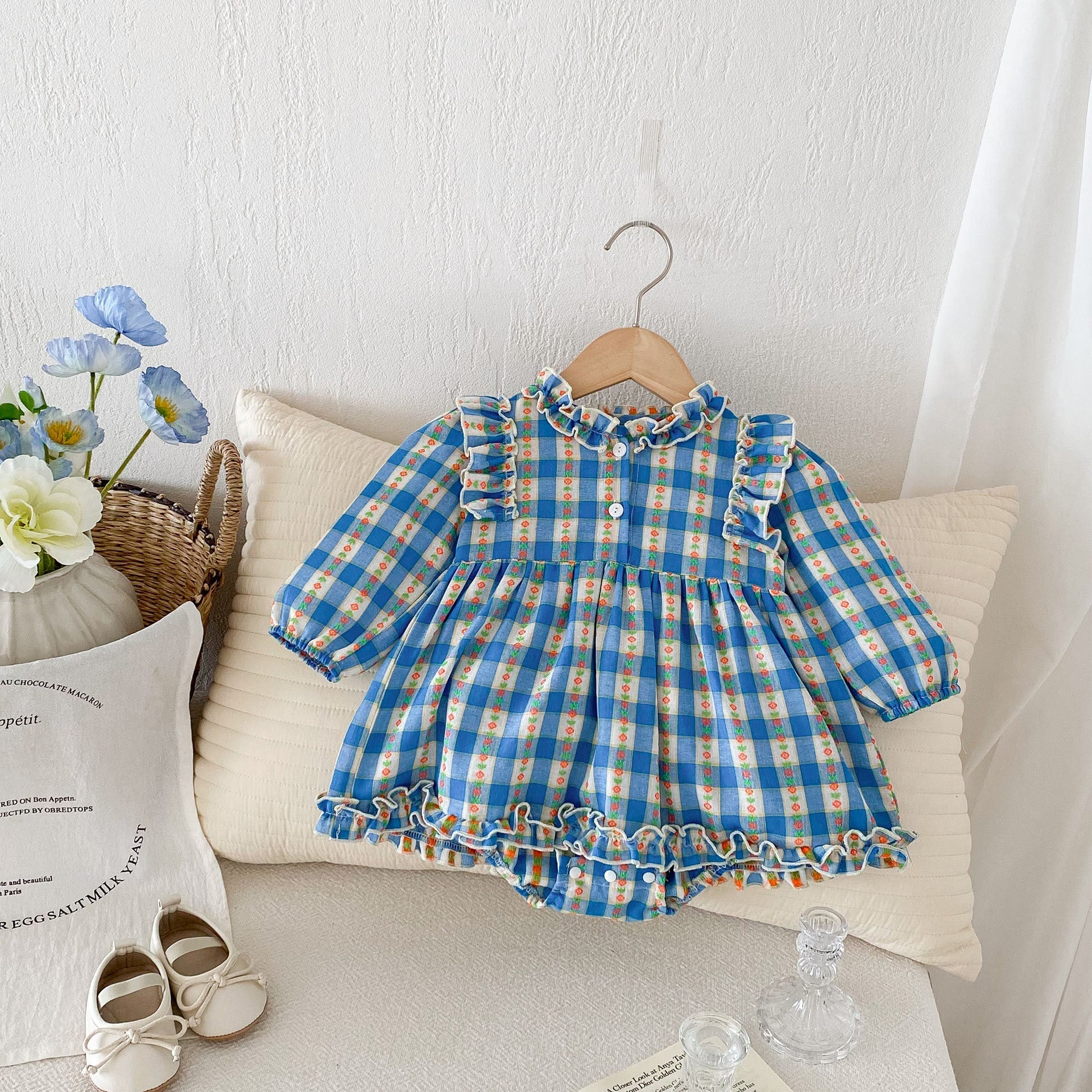 Autumn Arrival Baby Girls Long Sleeves Floral Plaid Ruffle Neck Onesies Dress-1