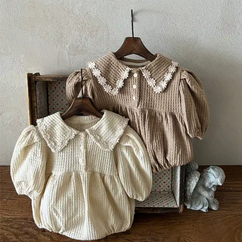 Arrival Baby Girls Long Sleeves Waffle Grid Onesie with Floral Collar-1