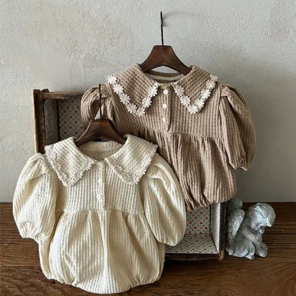 Arrival Baby Girls Long Sleeves Waffle Grid Onesie with Floral Collar-1