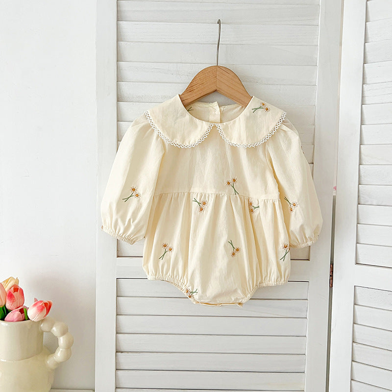 Arrival Autumn Baby Kids Girls Long Sleeves Daisy Floral Embroidery Pattern French Collar Onesies and Dress – Princess Sister Matching Set-0