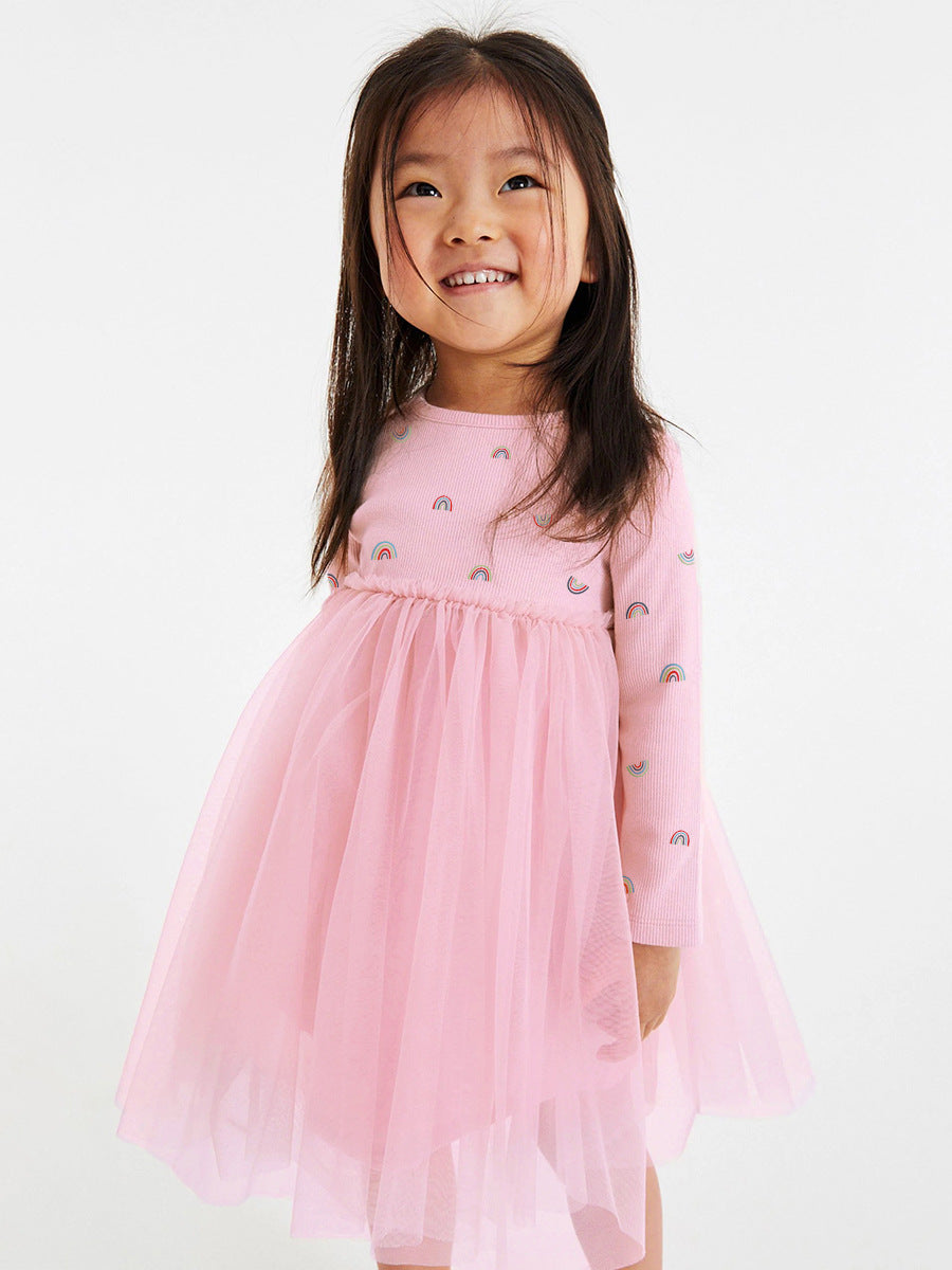 Arrival Autumn Girls Rainbows Print Crew Neck Long Sleeves Tulle Patchwork Princess Dress-2
