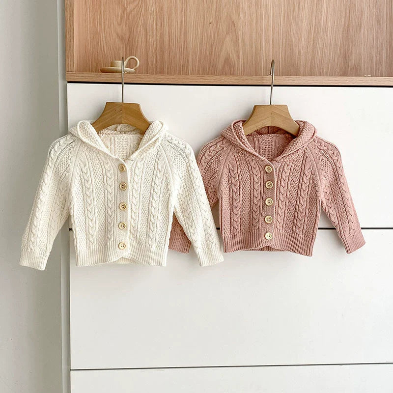 Autumn Arrival Baby Girls Comfortable Solid Color Knitted Long Sleeves Cardigan with Hood-3