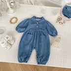 Autumn and Spring Arrival Baby Casual Pocketed Denim Rompers with Turn-down Collar-0